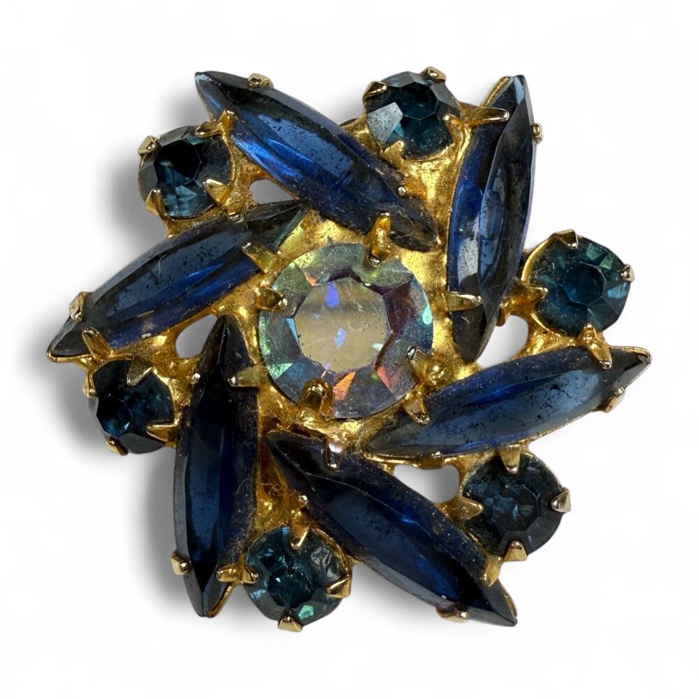 Vintage Signed Tara Blue Crystal Gold tone Brooch